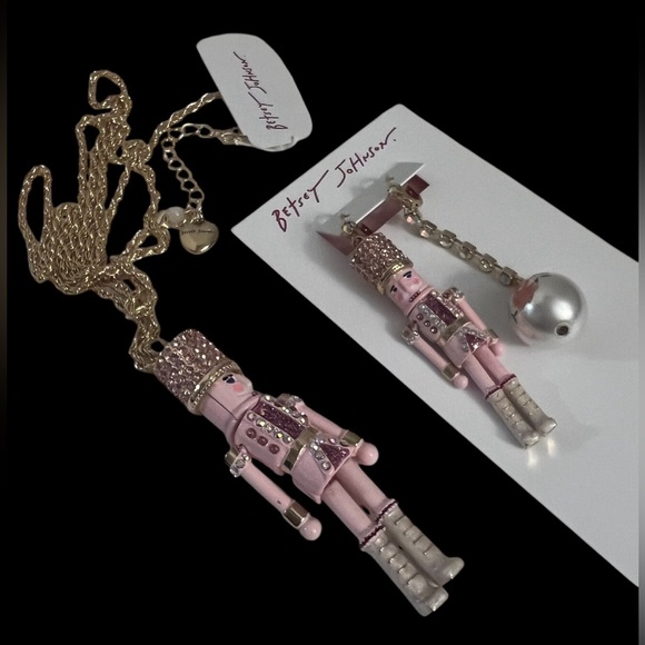 Betsey Johnson Pink Nutcracker & Ball Rhinestone Pendant Necklace & Earrings set - Picture 5 of 16